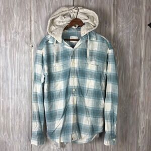 American‎ Eagle Plaid Flannel Hoodie Removeable Hood Shirt Sz XS Blue Grunge Y2k